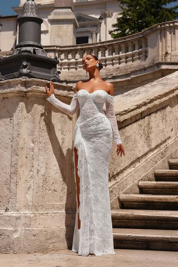 Champagne Prom Dress Mermaid Sweetheart Off The Shoulder Lace Beaded Formal Dress