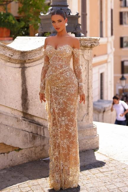 Champagne Prom Dress Mermaid Sweetheart Off The Shoulder Lace Beaded Formal Dress