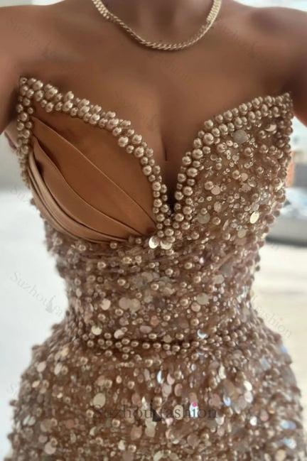 Champagne Prom Dress Sequined Beads Sleeveless Formal Dress