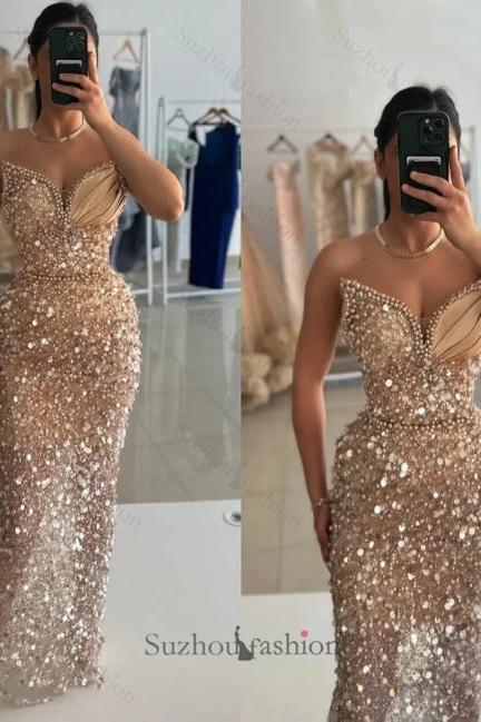 Champagne Prom Dress Sequined Beads Sleeveless Formal Dress