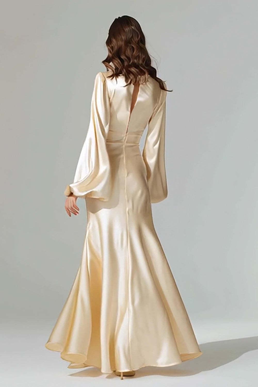 Suzhoufashion Champagne Satin Mermaid V-Neck Long Prom Dress With Sleeves