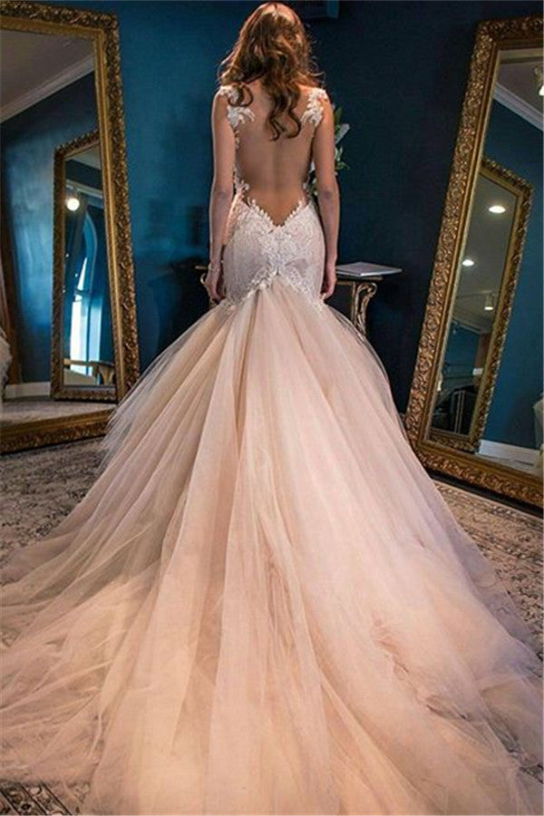 Champagne Tulle Wedding Dresses  Spaghetti Straps Lace Sheer Back Bridal Dress