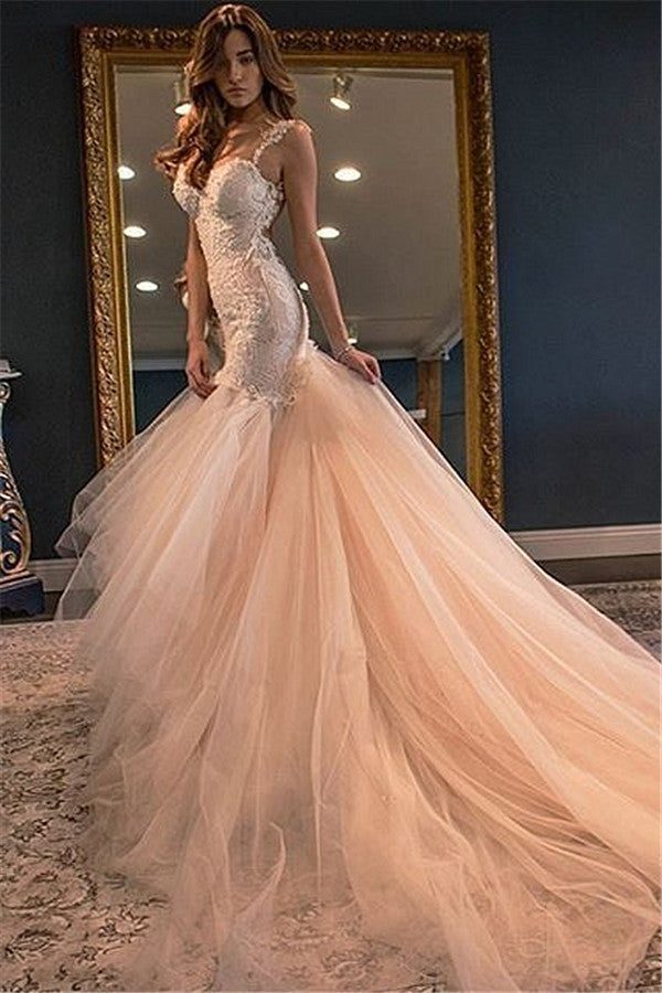 Champagne Tulle Wedding Dresses  Spaghetti Straps Lace Sheer Back Bridal Dress