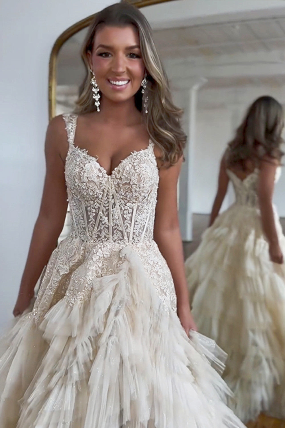 Champagne A-Line Tulle Long Prom Dress With Slit And Ruffles - View 3 | VelvetHem