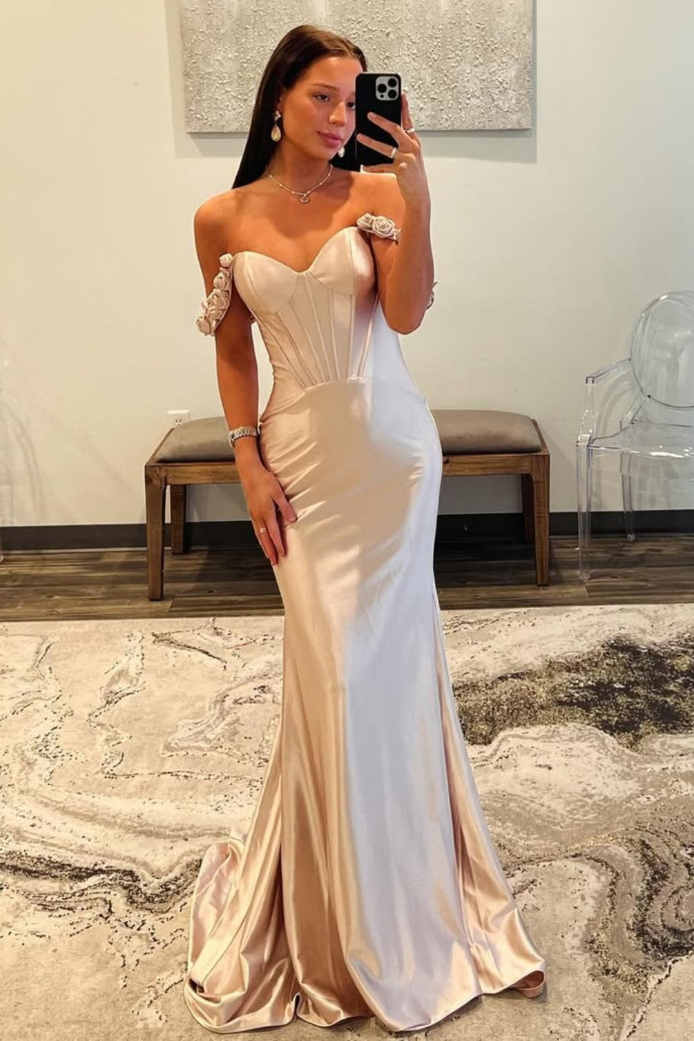 Stunning Mermaid Off the Shoulder Champagne Corset Prom Dress with 3D Flowers