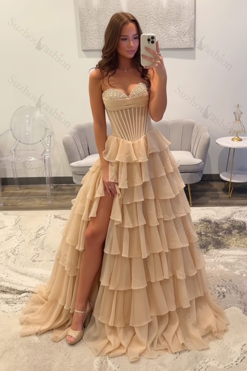 Ruffled Black Prom Dress A Line Corset Long Formal Dress With Beadings