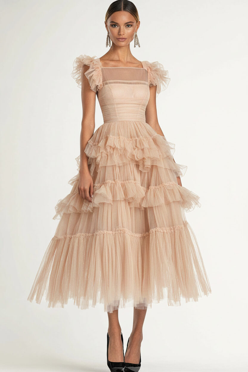 Tea Length Black Wedding Guest Dress A-Line Flatter Sleeves Tulle Formal Dress With Ruffles
