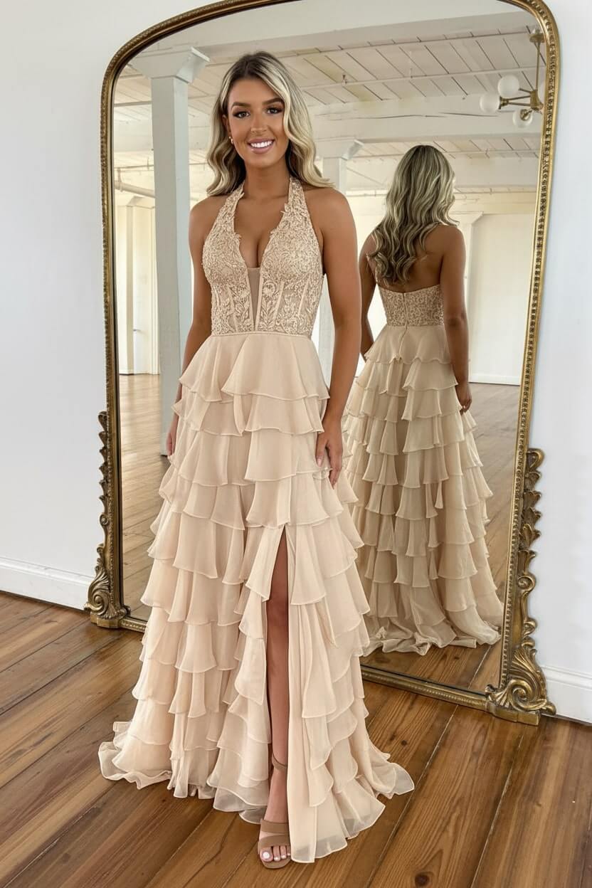 Sky Blue Prom Dress Ruffled Halter Corset Formal Dress With Slit