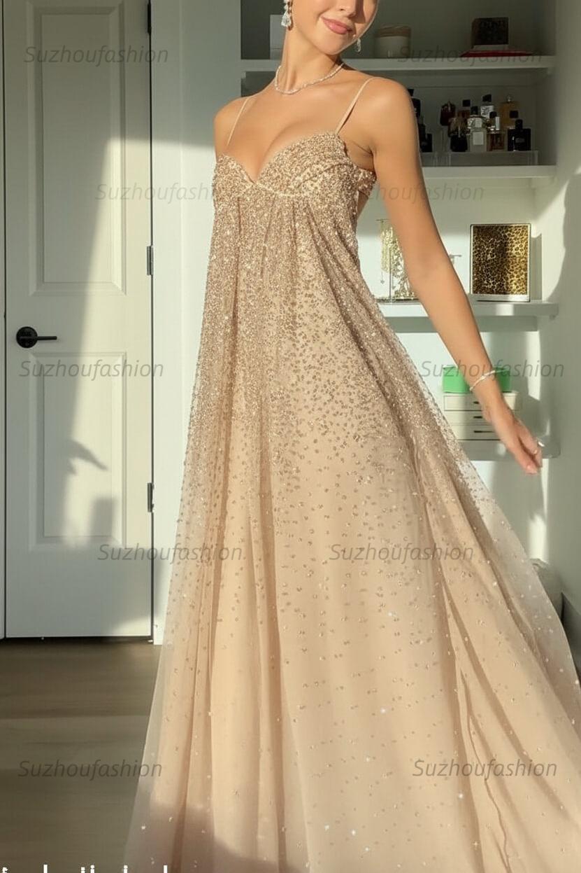 Suzhoufashion Bling A Line Spaghetti Straps Grey Blue Long Party Dress With Beading Formal Evening Gown
