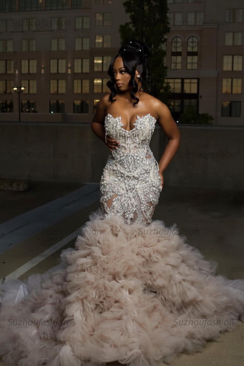Mermaid Sweetheart Prom Dress Ruffled Sleeveless Formal Evening Gown with Rhinestones and Beadings