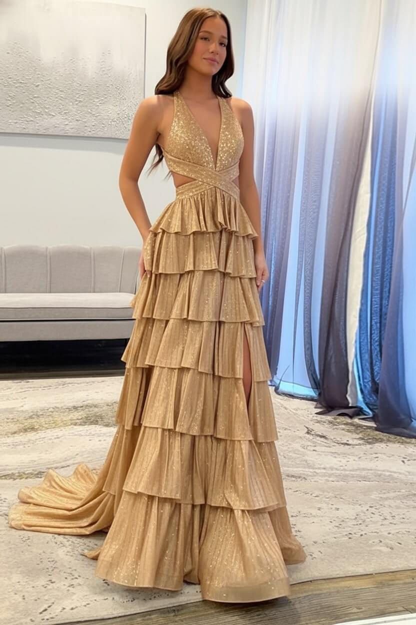 Emerald Green Prom Dress Tiered A-Line Halter Long Formal Dress With Slit