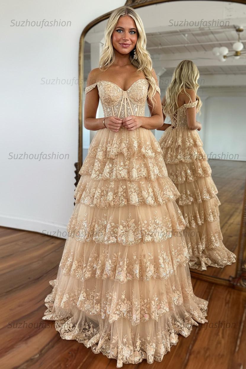 Glitter Hot Pink Corset Off the Shoulder Lace Long Prom Dress