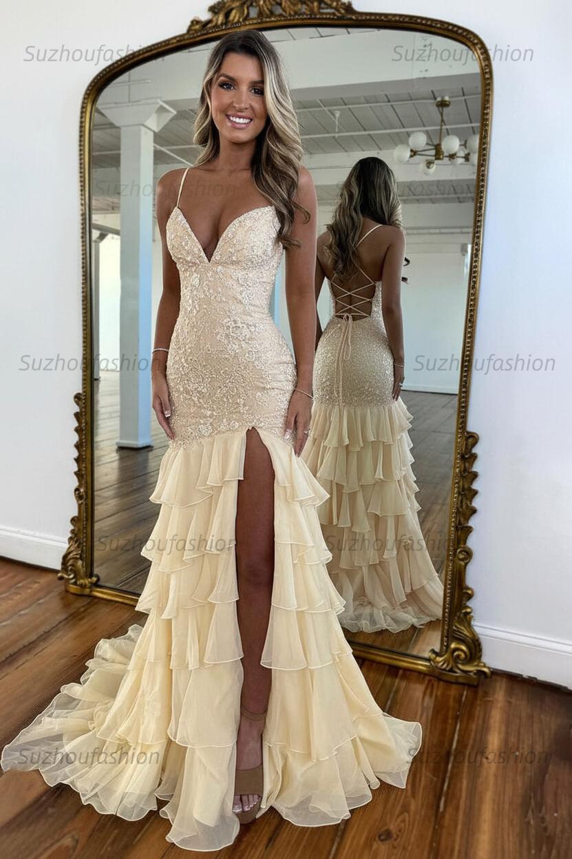 Suzhoufashion Mermaid Spaghetti Straps Lace Up Long Prom Dress With Ruffle Skirt Formal Evening Gown