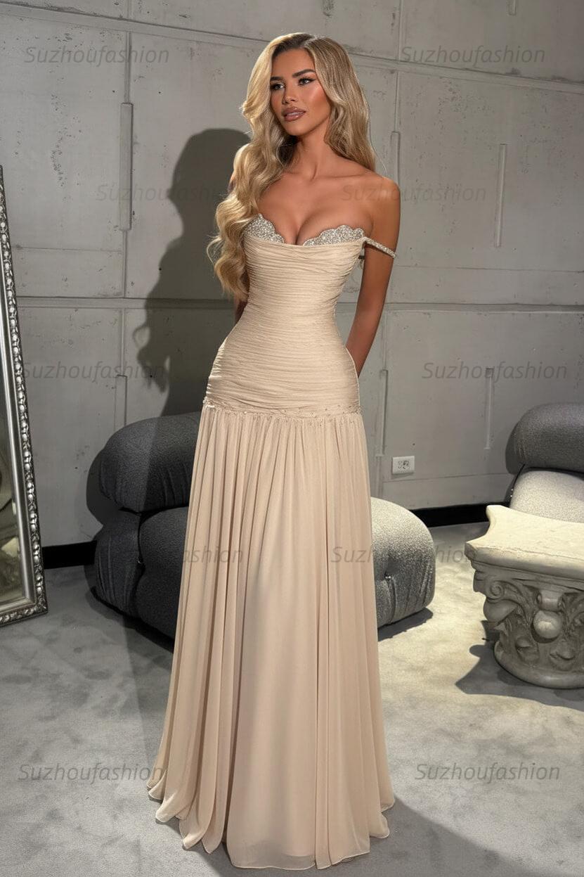 Off The Shoulder Prom Dress Sleeveless Pleated A Line Formal Evening Gown