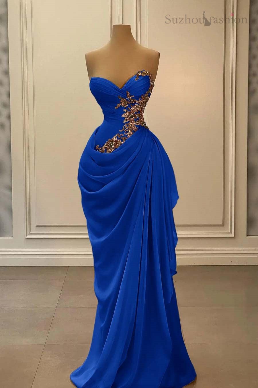 Champange Prom Dress Strapless Sweetheart Satin Chiffon Sleeveless Formal Dress
