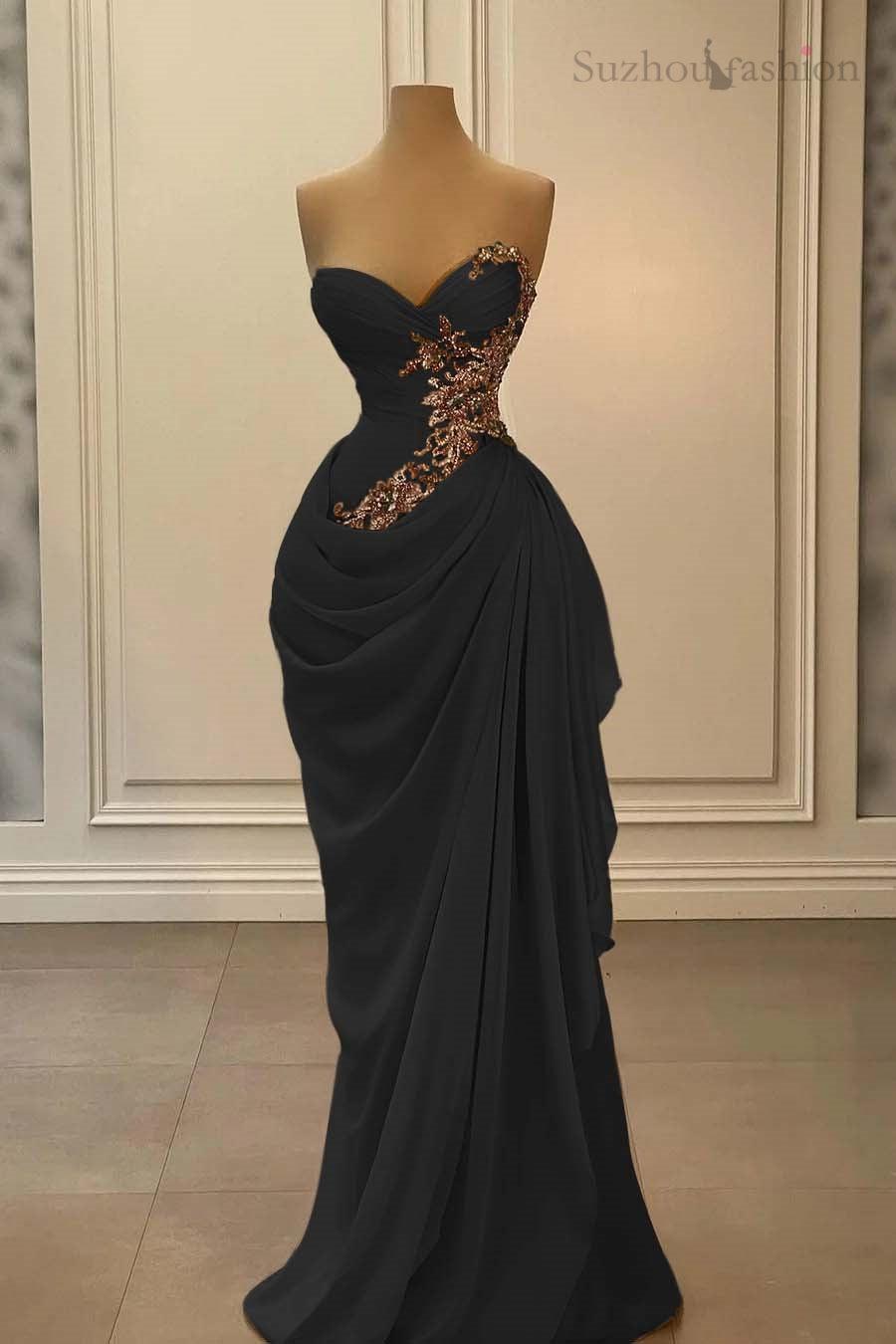 Champange Prom Dress Strapless Sweetheart Satin Chiffon Sleeveless Formal Dress