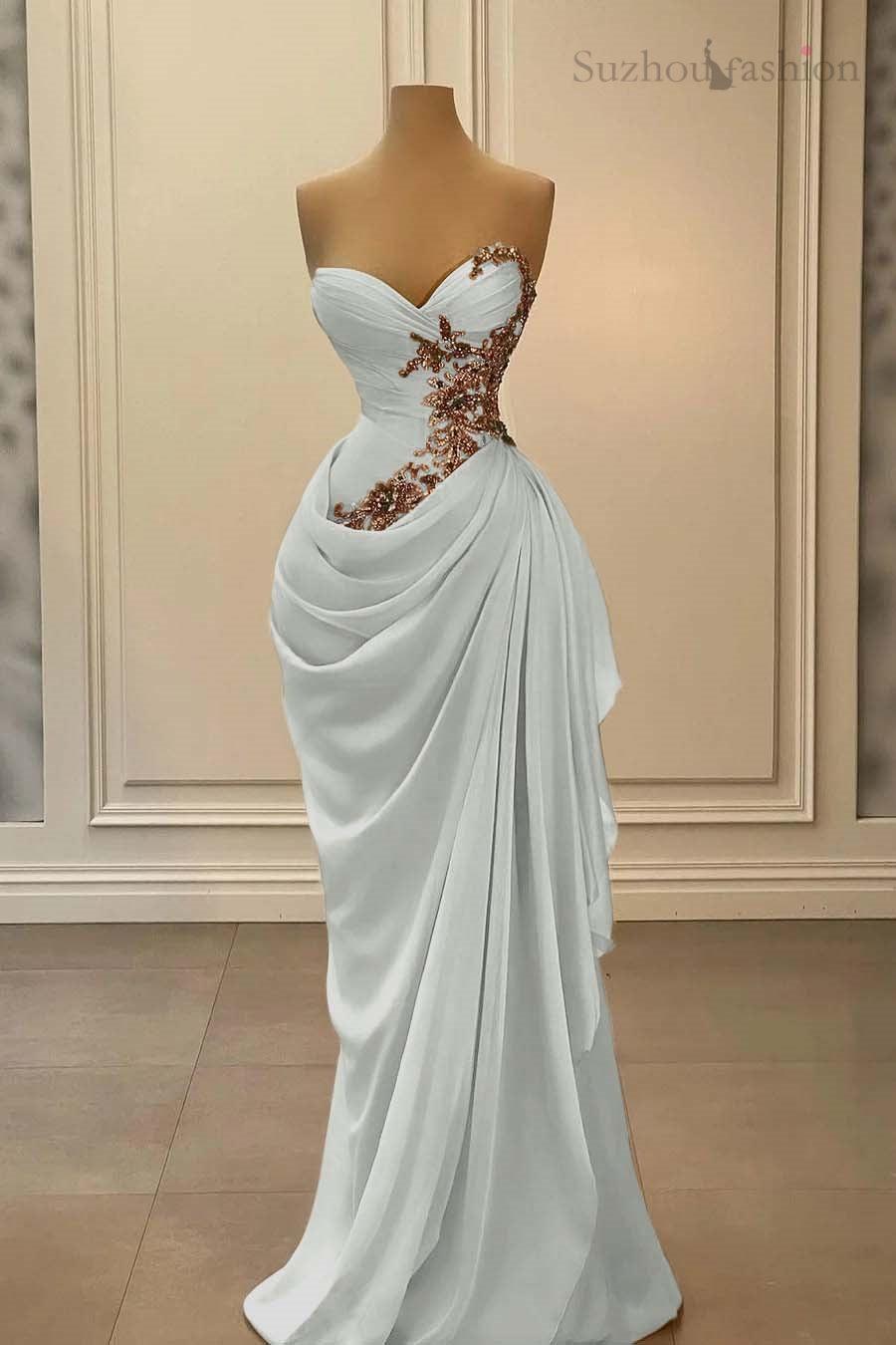 Champange Prom Dress Strapless Sweetheart Satin Chiffon Sleeveless Formal Dress
