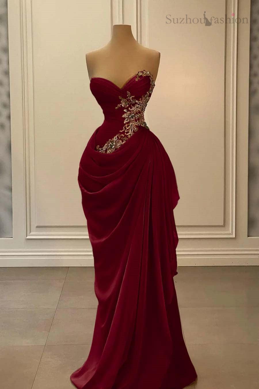 Champange Prom Dress Strapless Sweetheart Satin Chiffon Sleeveless Formal Dress