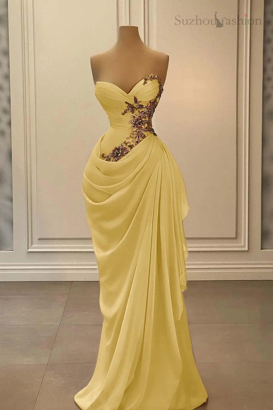 Champange Prom Dress Strapless Sweetheart Satin Chiffon Sleeveless Formal Dress