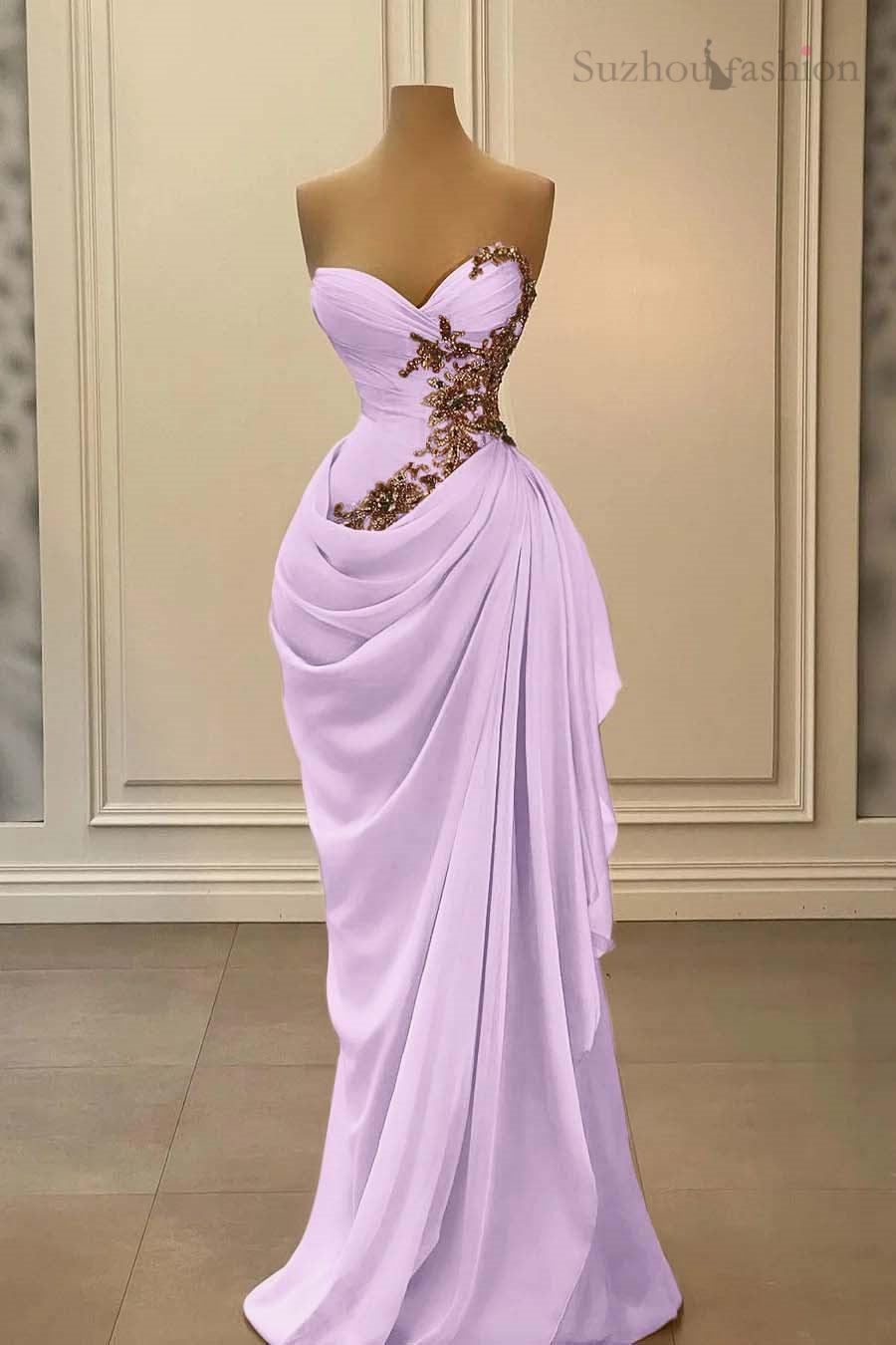 Champange Prom Dress Strapless Sweetheart Satin Chiffon Sleeveless Formal Dress