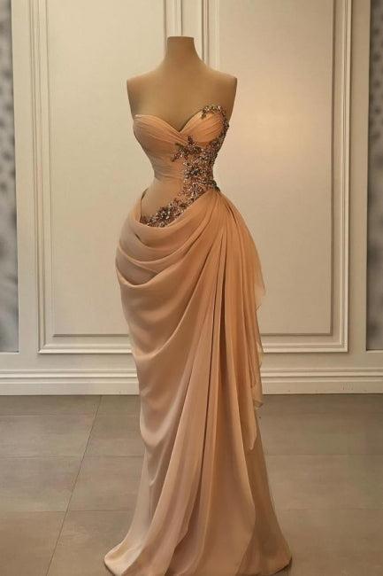 Champange Prom Dress Strapless Sweetheart Satin Chiffon Sleeveless Formal Dress