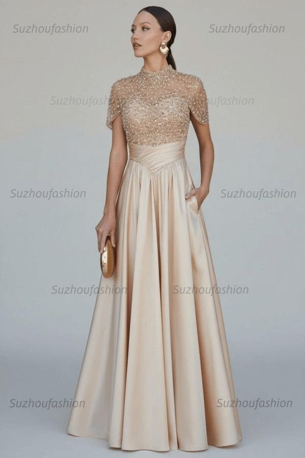 High Neck Short Sleeves Long Evening Formal Dress With Beading Pockets