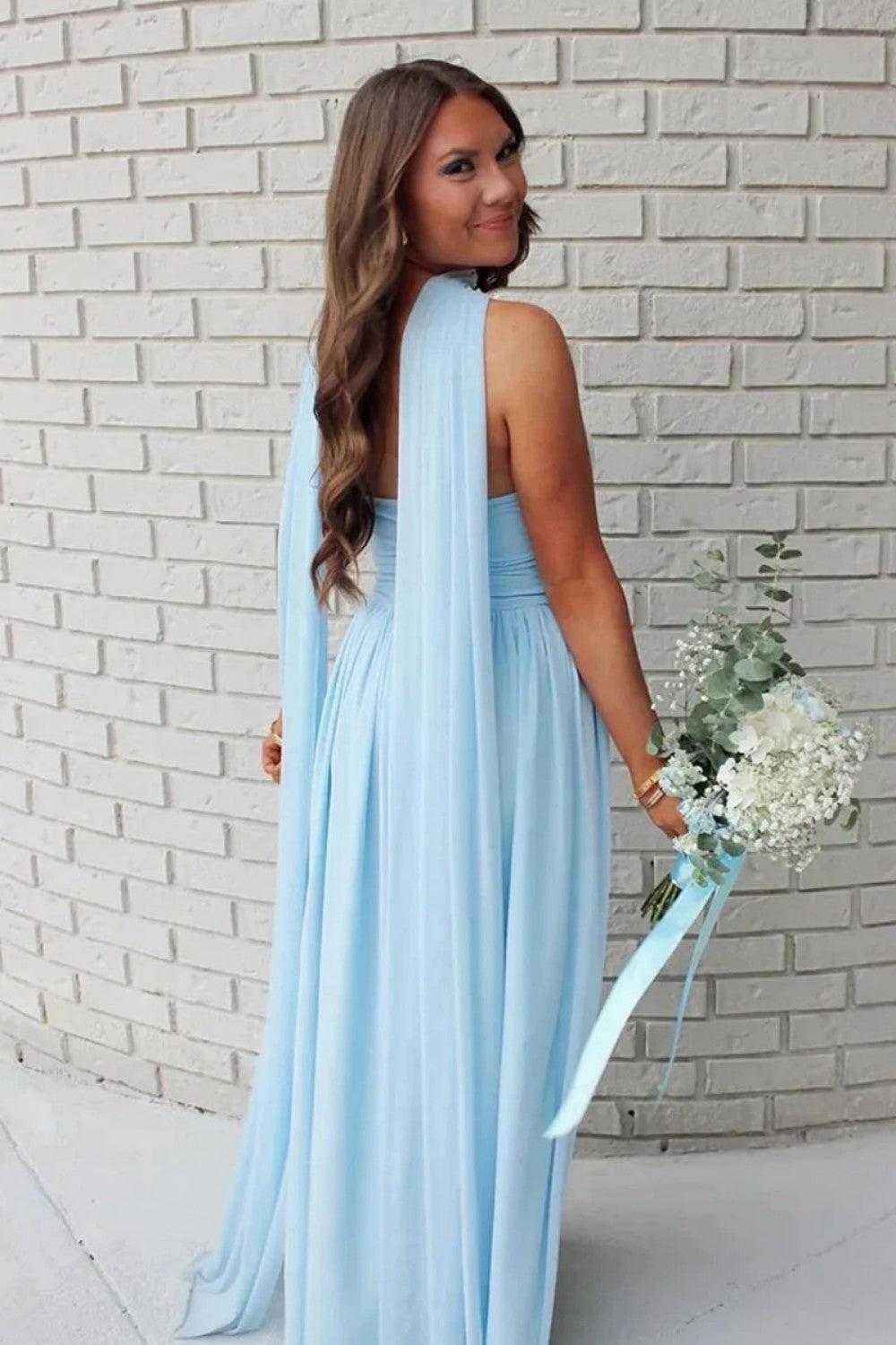 A Line Strapless Blue Long Prom Dress With Scarf Formal Evening Gown