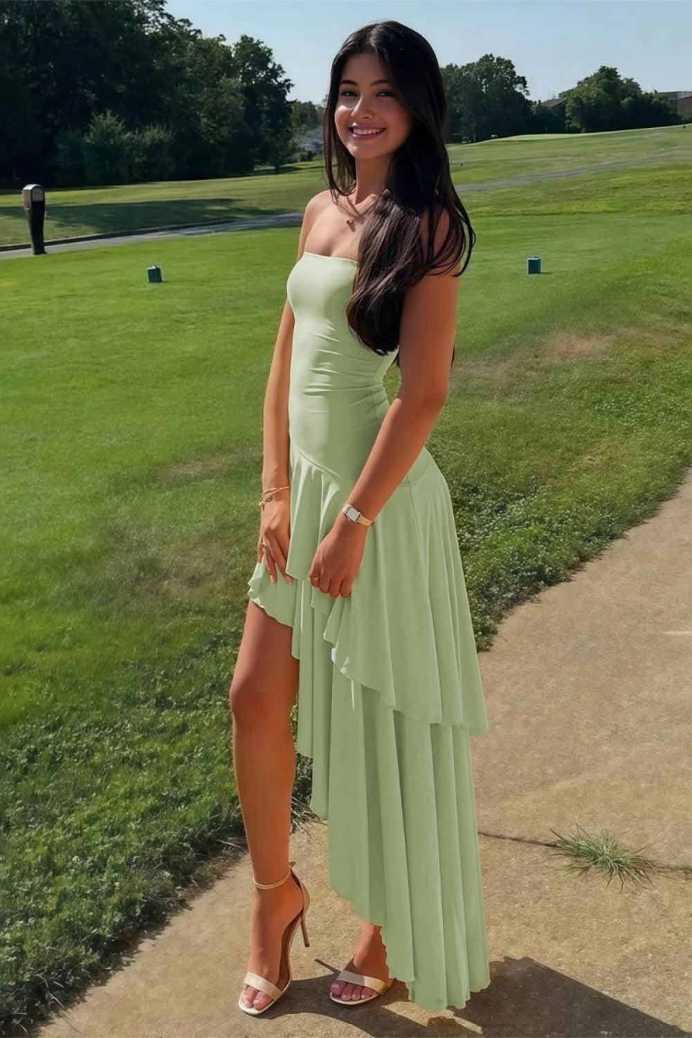 Asymmetrical Strapless Blue Long Prom Dress With Ruffles Formal Evening Gown