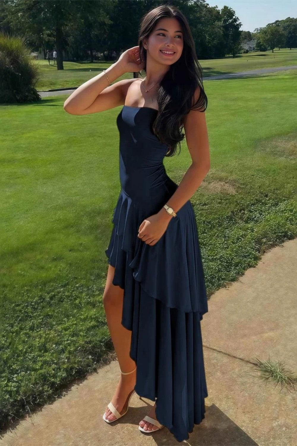 Asymmetrical Strapless Blue Long Prom Dress With Ruffles Formal Evening Gown