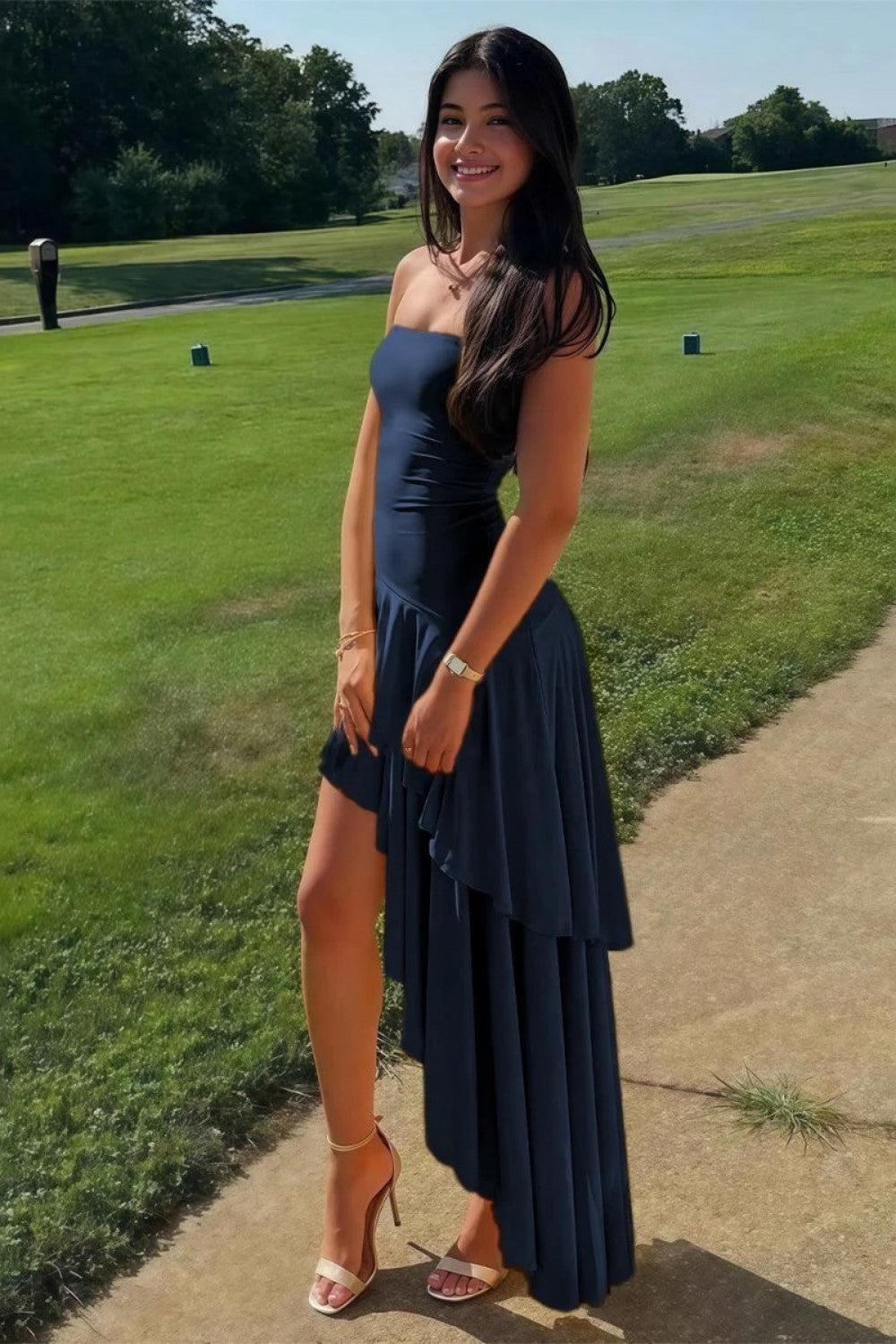Asymmetrical Strapless Blue Long Prom Dress With Ruffles Formal Evening Gown