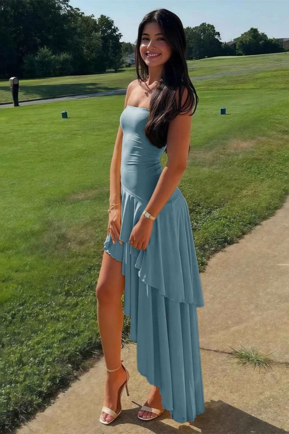 Asymmetrical Strapless Blue Long Prom Dress With Ruffles Formal Evening Gown