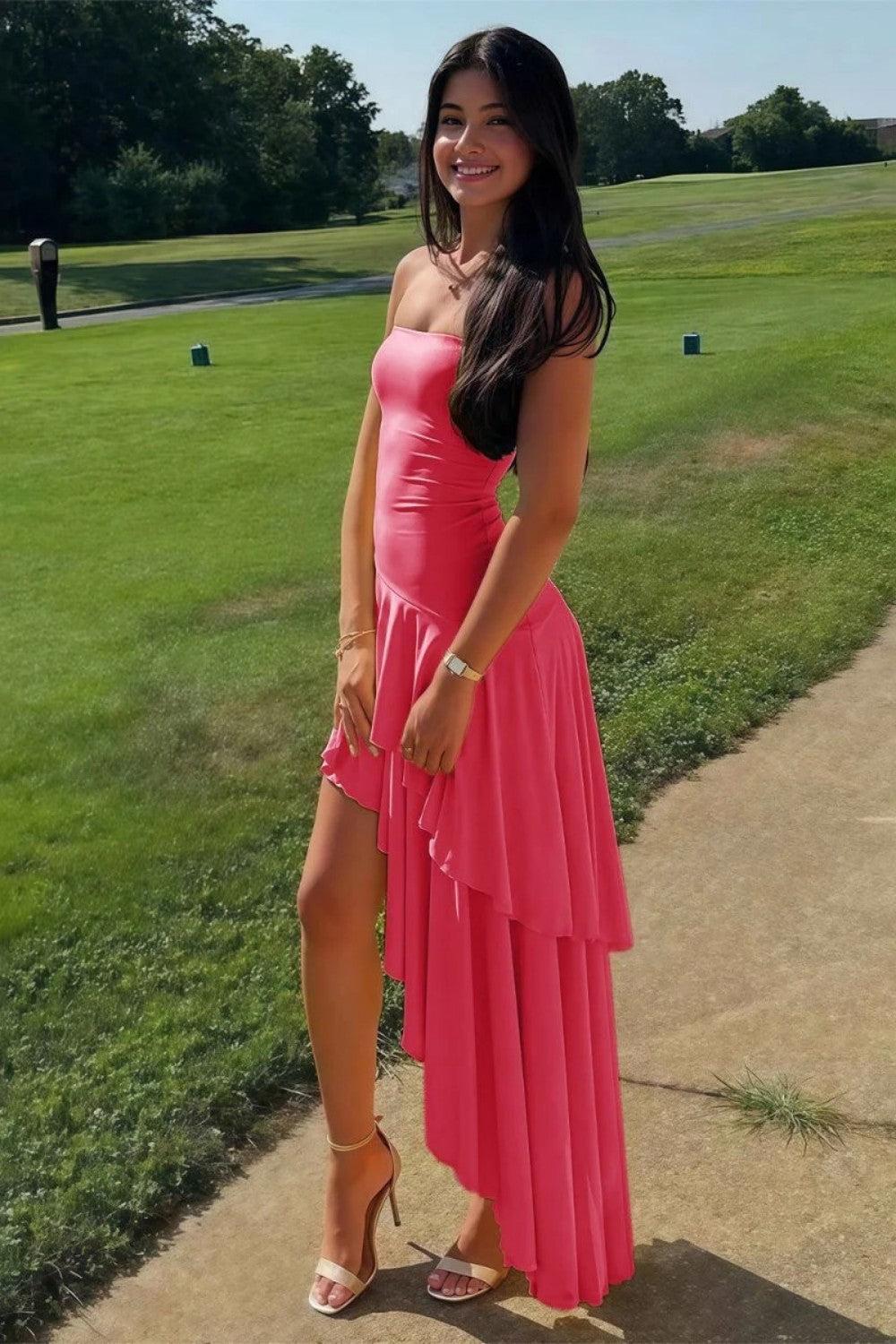 Asymmetrical Strapless Blue Long Prom Dress With Ruffles Formal Evening Gown