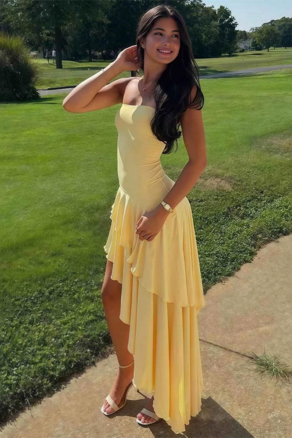 Asymmetrical Strapless Blue Long Prom Dress With Ruffles Formal Evening Gown