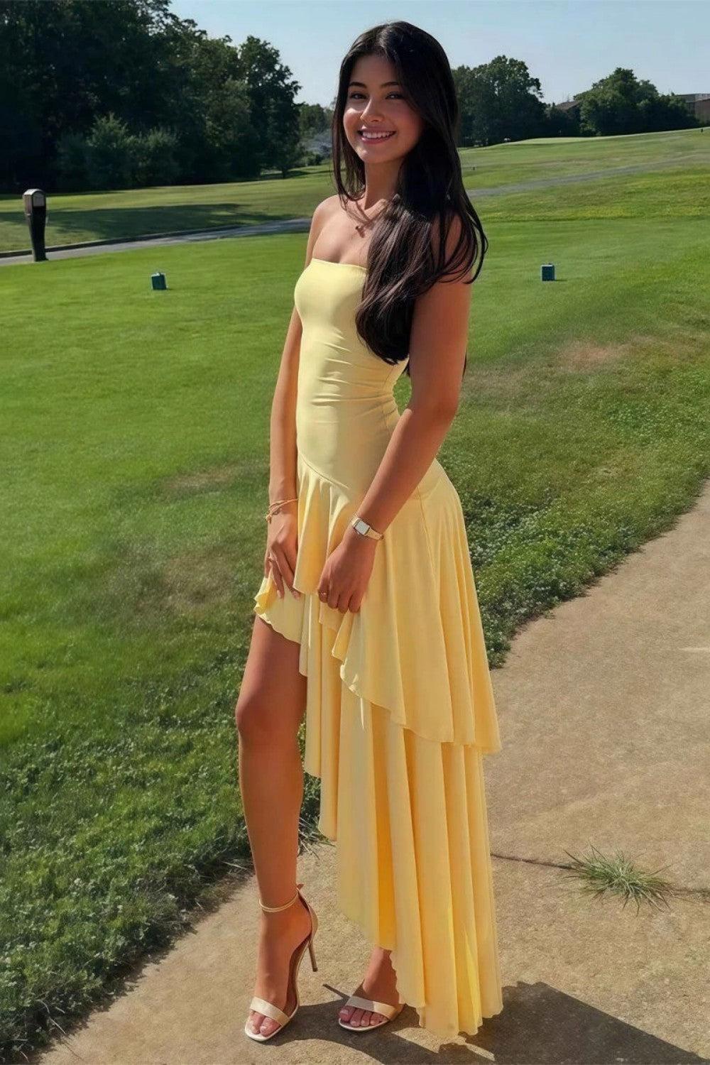 Asymmetrical Strapless Blue Long Prom Dress With Ruffles Formal Evening Gown
