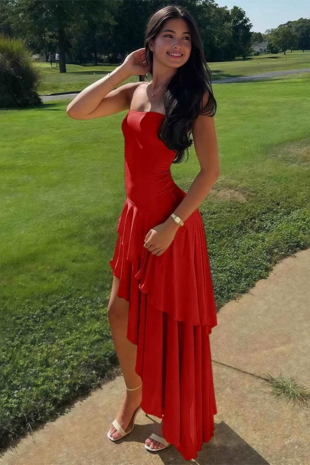 Asymmetrical Strapless Blue Long Prom Dress With Ruffles Formal Evening Gown
