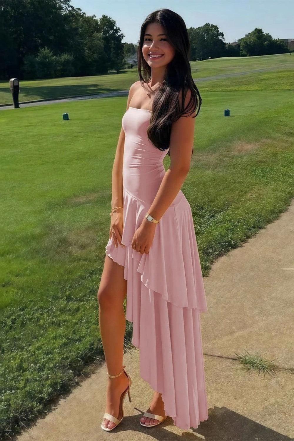 Asymmetrical Strapless Blue Long Prom Dress With Ruffles Formal Evening Gown