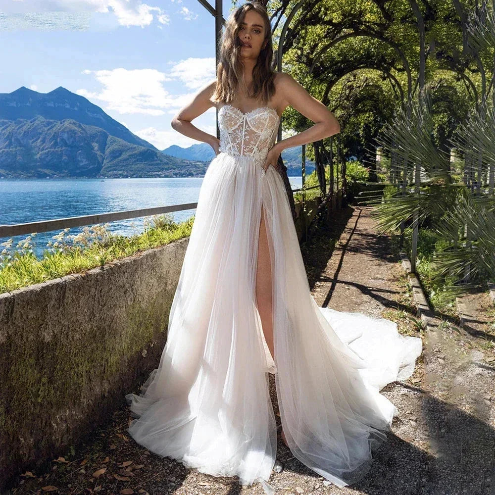 Charming High Fork Bohemian Sleeveless Sweetheart Mopping Wedding Dresses Off Shoulder Appliques Lace Bridal Gowns Boho Backless by payinti
