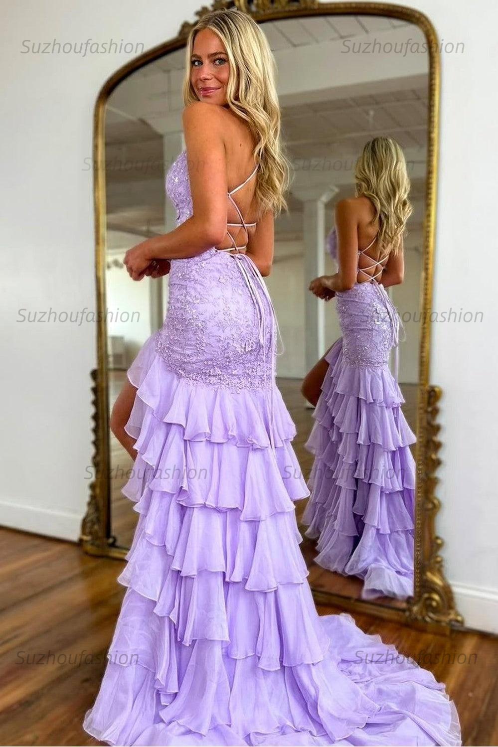 Suzhoufashion Mermaid Spaghetti Straps Lace Up Long Prom Dress With Ruffle Skirt Formal Evening Gown