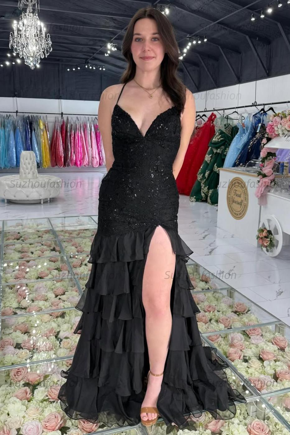 Suzhoufashion Mermaid Spaghetti Straps Lace Up Long Prom Dress With Ruffle Skirt Formal Evening Gown