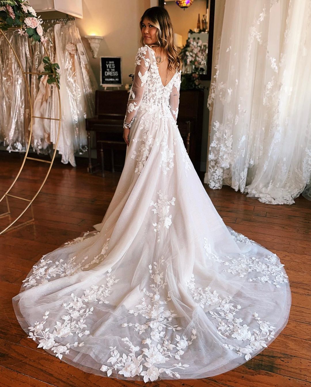 Charming Long A-line Wedding Dress With Appliques And Long Sleeves Featuring A Train (ZD17491)