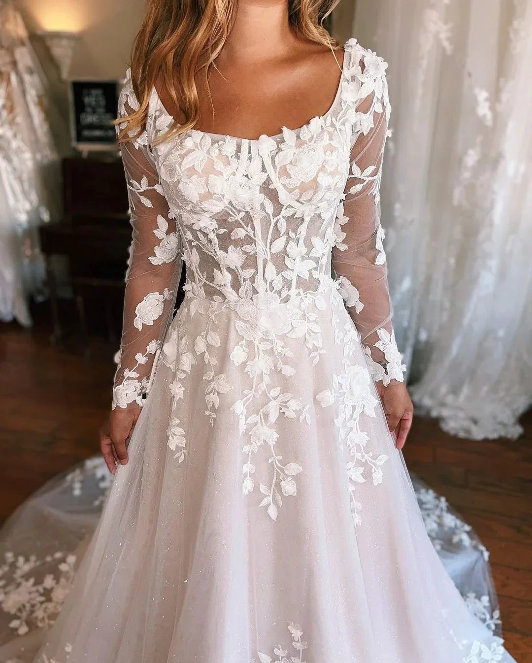 Charming Long A-line Appliques Long Sleeves Wedding Dress With Train (ZD15691)
