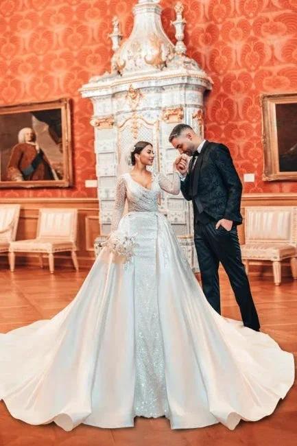Charming Long A-line Lace Sequined Beading Long Sleeves Wedding Dresses With Detachable Train (ZD15633)