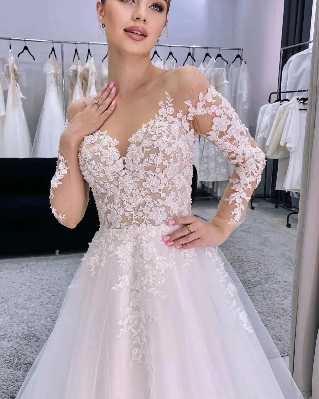 Charming Long A-line Tulle Appliques Wedding Dress With Long Sleeves (ZD15687)