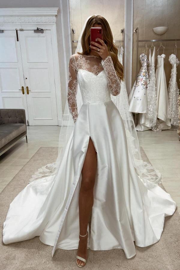 Charming Long A-line White Satin Split Wedding Dresses with Long Sleeves (ZD15644) - VelvetHem