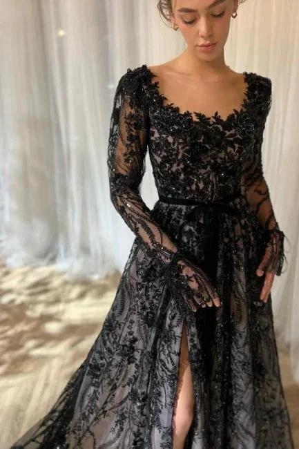 Charming Long Black A-line Lace Glitter Long Sleeves Wedding Dress with Slit (ZD16478)