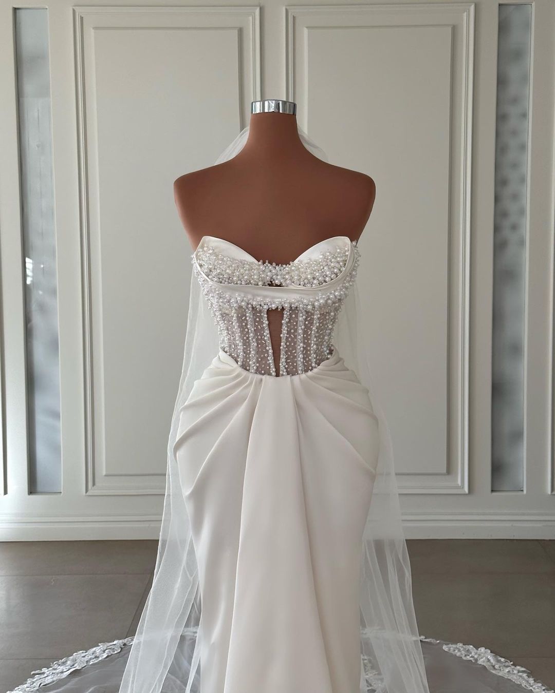 Elegant Long Ivory Mermaid Satin Wedding Dress Adorned With Pearls (ZD17481)