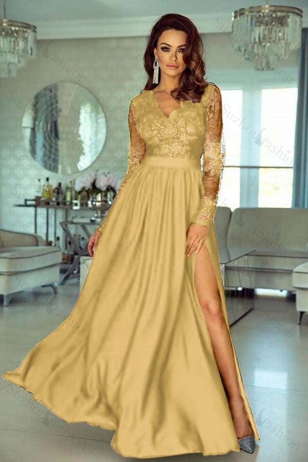 Charming Long Sleeves V Neck Lace Ruffles Prom Dresses