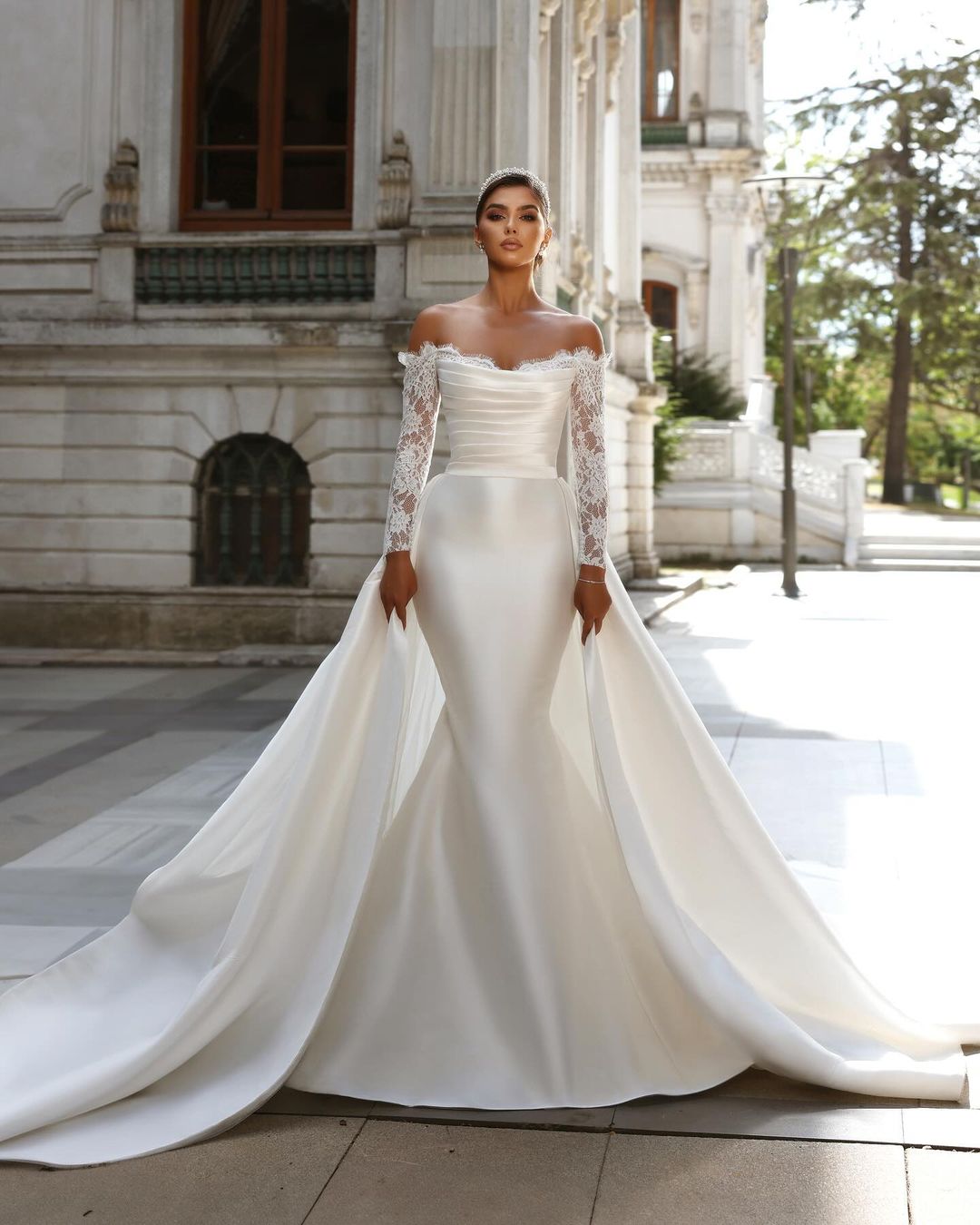 Charming Long White Off-the-shoulder Mermaid Lace Wedding Dress With Detachable Train (ZD17471)