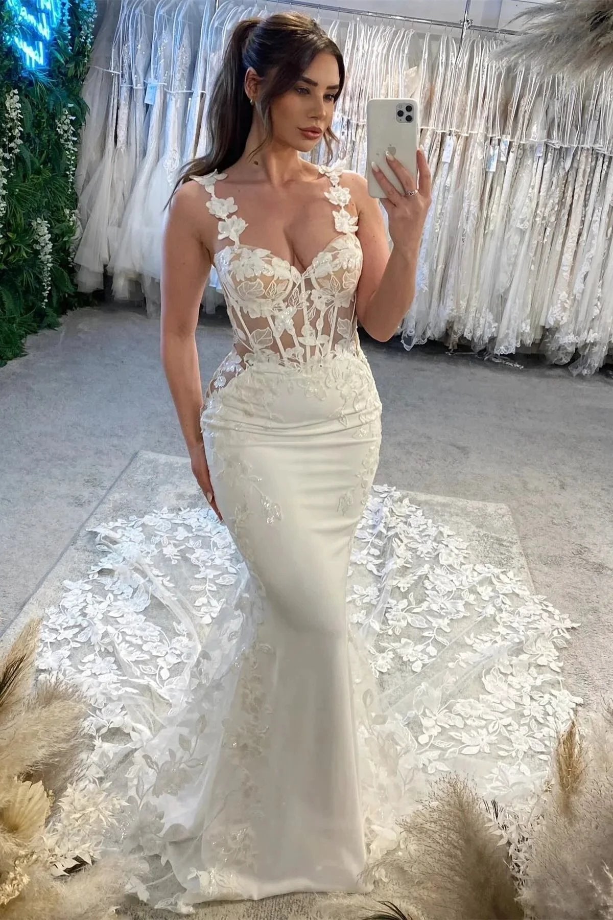 Charming Mermaid Off-the-shoulder Sleeveless Appliques Tulle Lace Train Wedding Dresses (ZD15584)