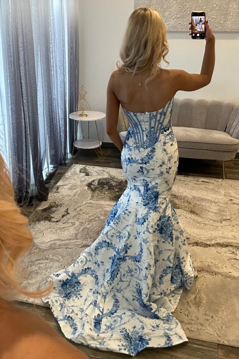 Mermaid Sweetheart Blue Corset Prom Dress With Appliques Formal Evening Gown